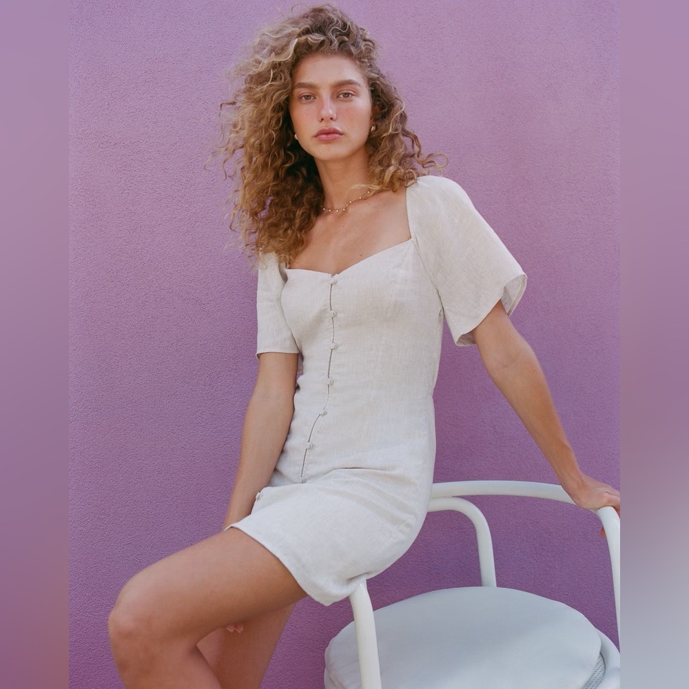 Abercrombie Linen-Blend Button-Through Mini Dress Beige